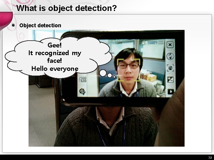 What is object detection? Object detection Gee! It recognized my face! Hello everyone 32