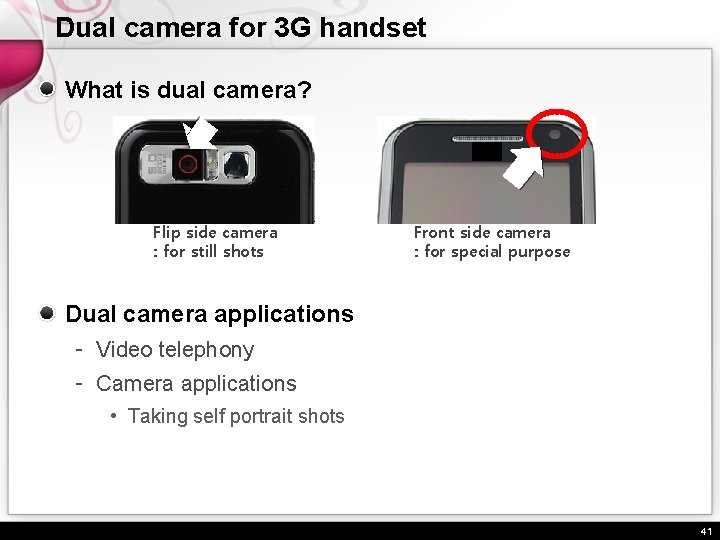 Dual camera for 3 G handset What is dual camera? Flip side camera :