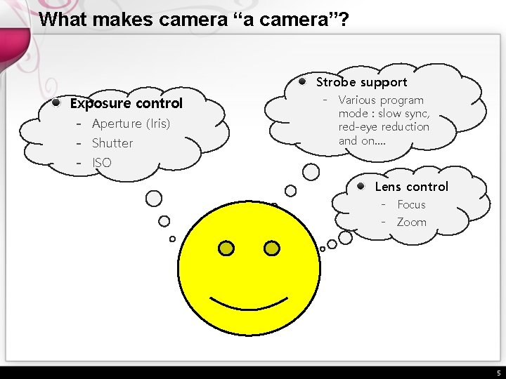 What makes camera “a camera”? Exposure control - Aperture (Iris) - Shutter - ISO