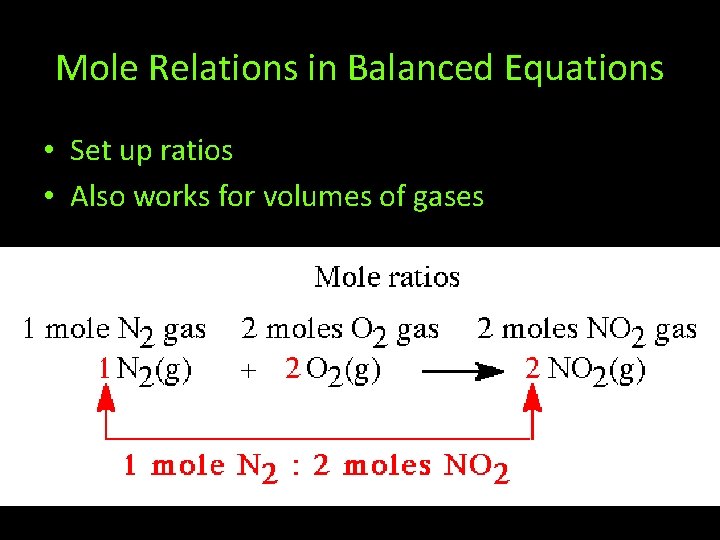 Mole Relations in Balanced Equations • Set up ratios • Also works for volumes