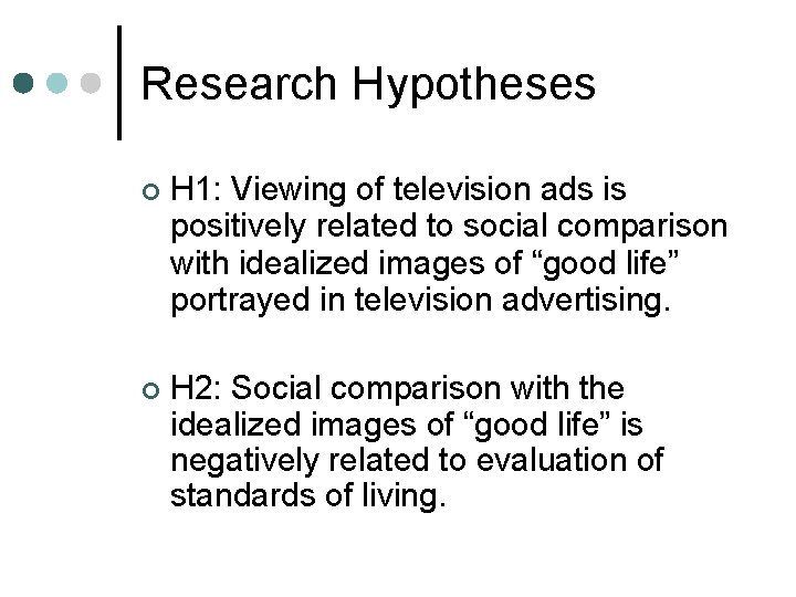 Research Hypotheses H 1: Viewing of television ads is positively related to social comparison