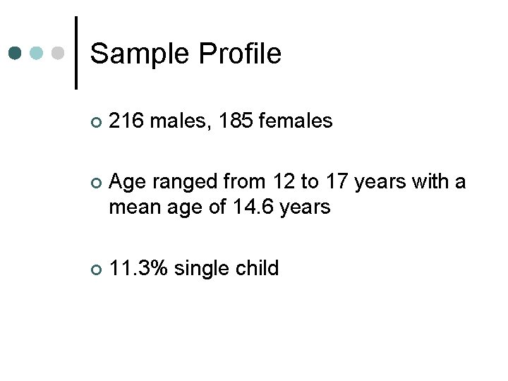 Sample Profile 216 males, 185 females Age ranged from 12 to 17 years with