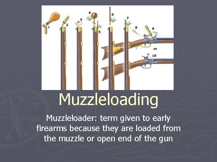 Muzzleloading Muzzleloader: term given to early firearms because they are loaded from the muzzle