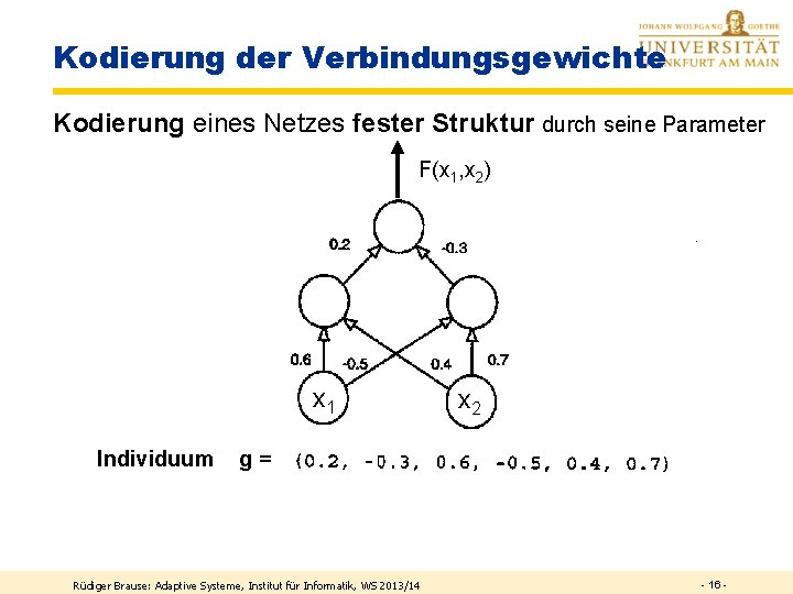 Kodierung der Verbindungsgewichte Kodierung eines Netzes fester Struktur durch seine Parameter F(x 1, x