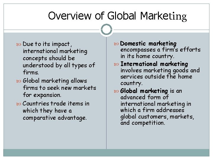 Overview of Global Marketing Due to its impact, international marketing concepts should be understood