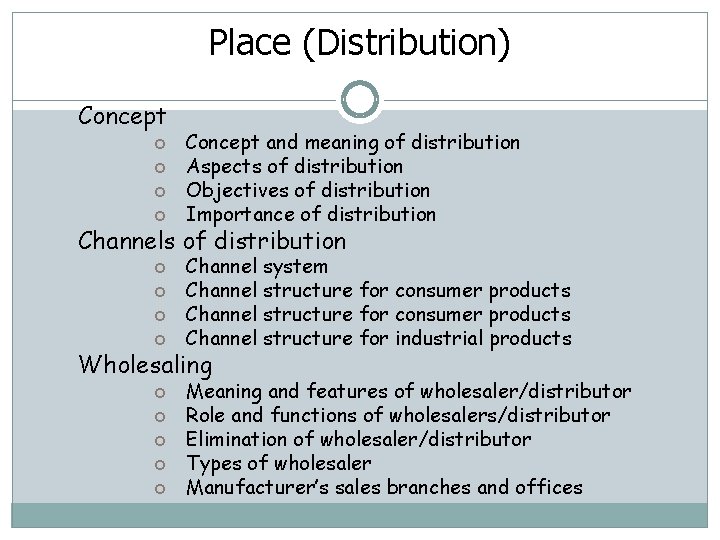 Place (Distribution) Concept and meaning of distribution Aspects of distribution Objectives of distribution Importance