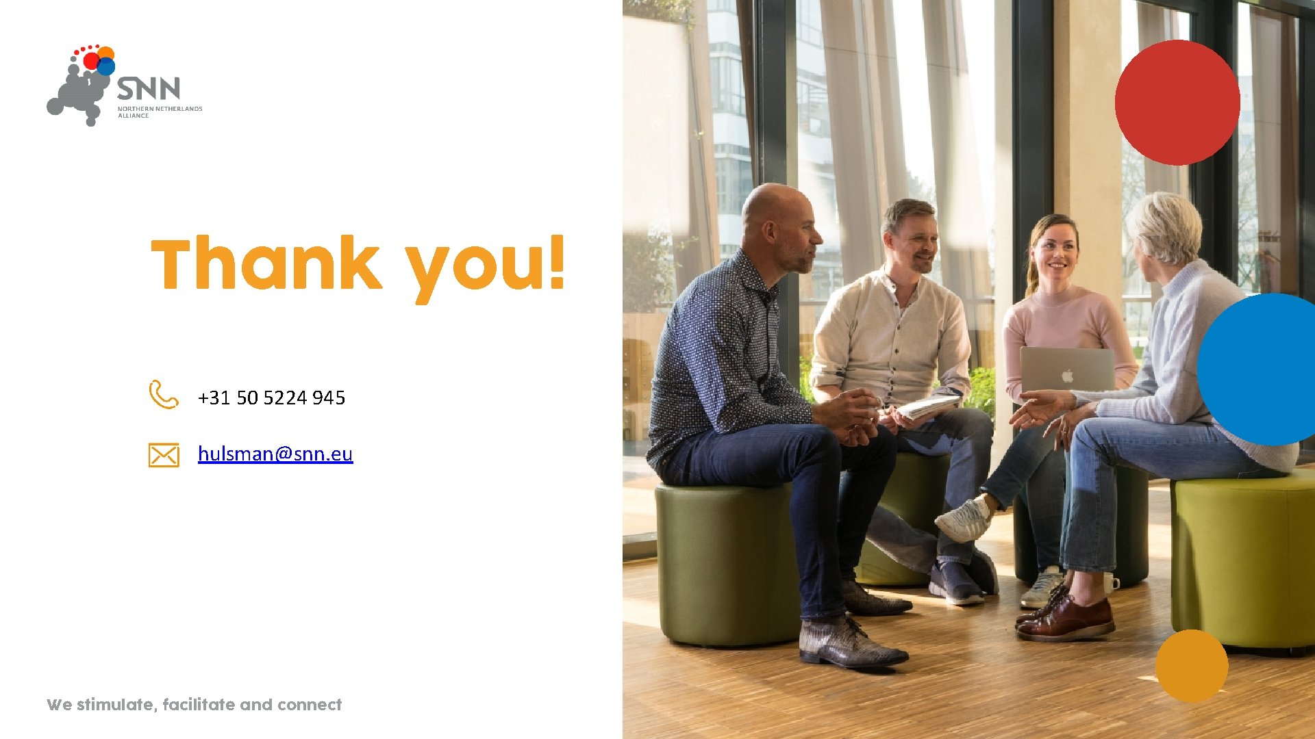 Thank you! +31 50 5224 945 hulsman@snn. eu We stimulate, facilitate and connect 