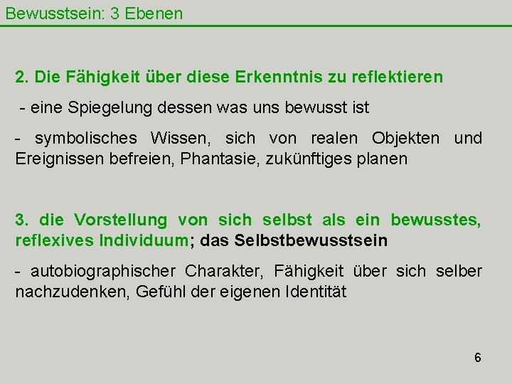 Bewusstsein: 3 Ebenen 2. Die Fähigkeit über diese Erkenntnis zu reflektieren - eine Spiegelung