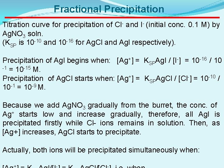 Fractional Precipitation Titration curve for precipitation of Cl- and I- (initial conc. 0. 1