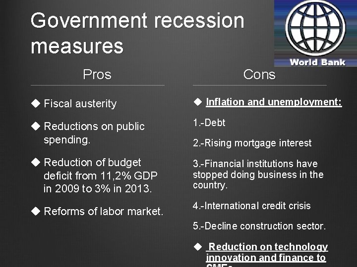 Government recession measures Pros Cons u Fiscal austerity u Inflation and unemployment: u Reductions