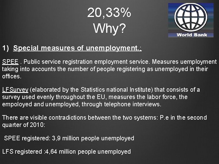 20, 33% Why? 1) Special measures of unemployment. : SPEE. Public service registration employment