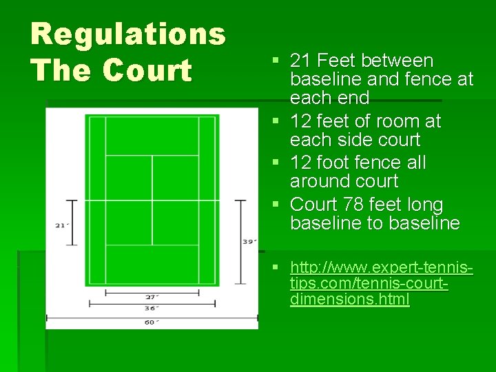 Regulations The Court § 21 Feet between baseline and fence at each end §