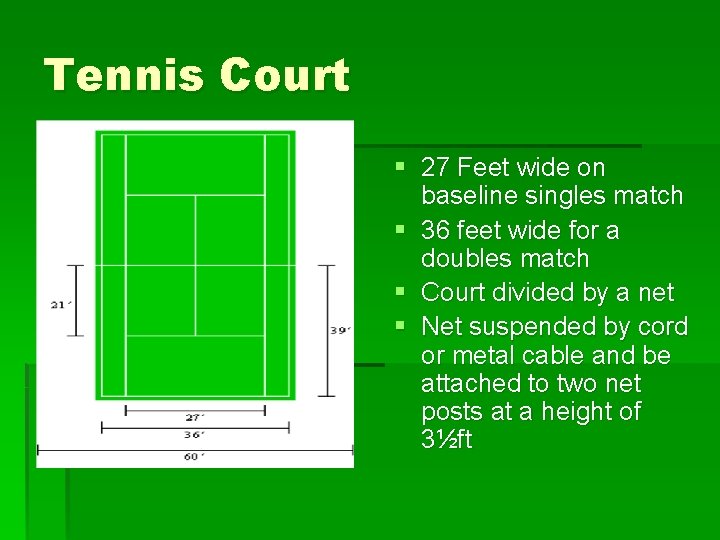 Tennis Court § 27 Feet wide on baseline singles match § 36 feet wide