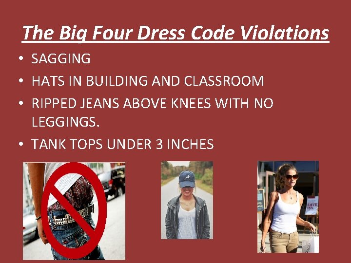 The Big Four Dress Code Violations • SAGGING • HATS IN BUILDING AND CLASSROOM