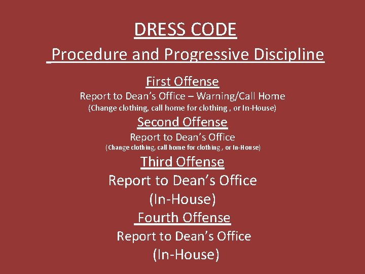 DRESS CODE Procedure and Progressive Discipline First Offense Report to Dean’s Office – Warning/Call