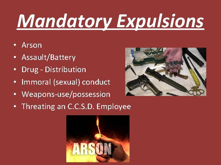 Mandatory Expulsions • • • Arson Assault/Battery Drug - Distribution Immoral (sexual) conduct Weapons-use/possession