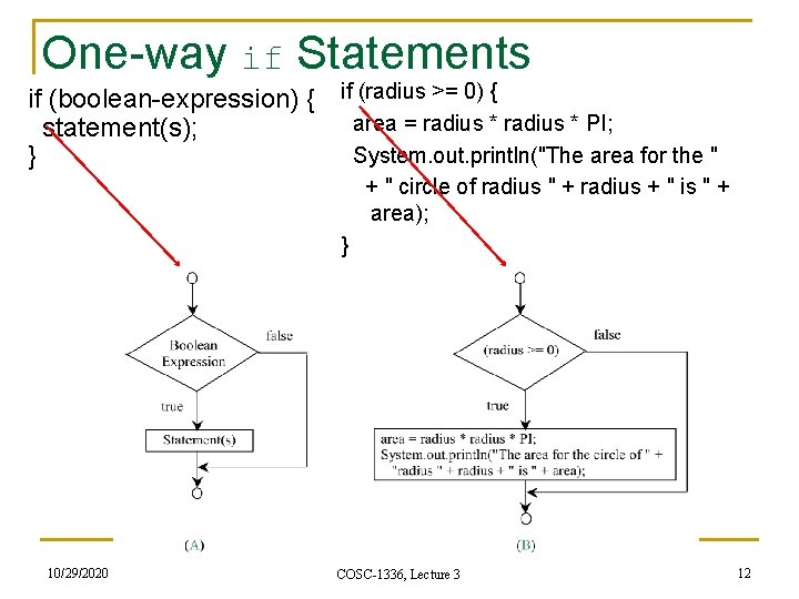 One-way if Statements if (boolean-expression) { if (radius >= 0) { area = radius One-way if Statements if (boolean-expression) { if (radius >= 0) { area = radius