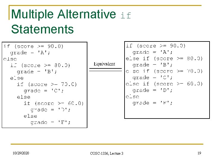 Multiple Alternative if Statements 10/29/2020 COSC-1336, Lecture 3 19 Multiple Alternative if Statements 10/29/2020 COSC-1336, Lecture 3 19