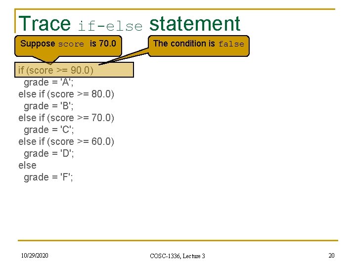 Trace if-else statement Suppose score is 70. 0 The condition is false if (score Trace if-else statement Suppose score is 70. 0 The condition is false if (score