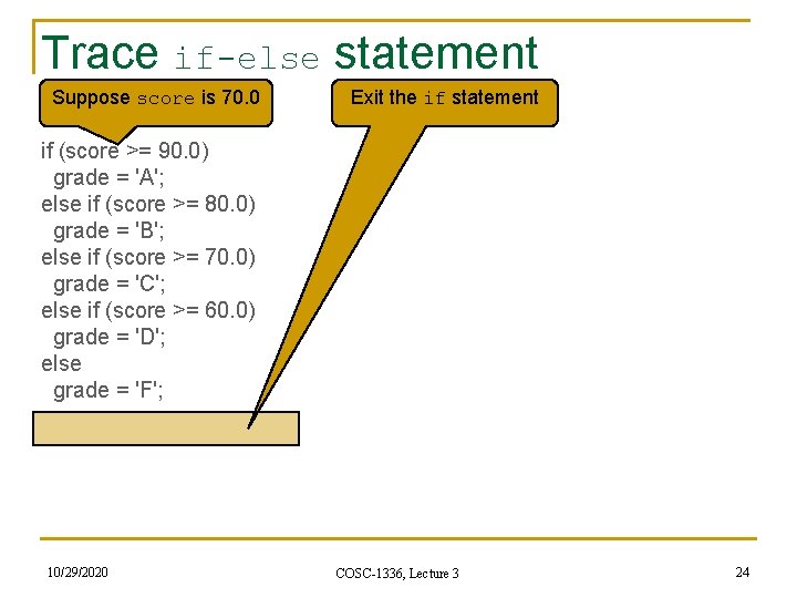 Trace if-else statement Suppose score is 70. 0 Exit the if statement if (score Trace if-else statement Suppose score is 70. 0 Exit the if statement if (score