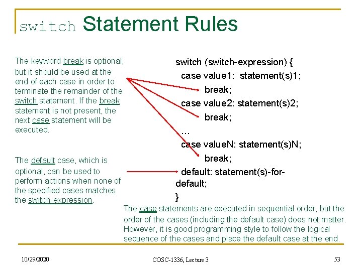 switch Statement Rules The keyword break is optional, but it should be used at switch Statement Rules The keyword break is optional, but it should be used at