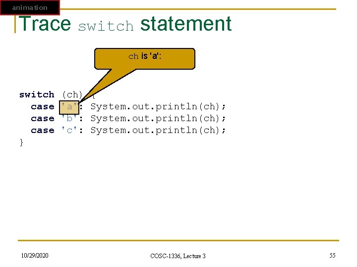 animation Trace switch statement ch is 'a': switch (ch) { case 'a': System. out. animation Trace switch statement ch is 'a': switch (ch) { case 'a': System. out.