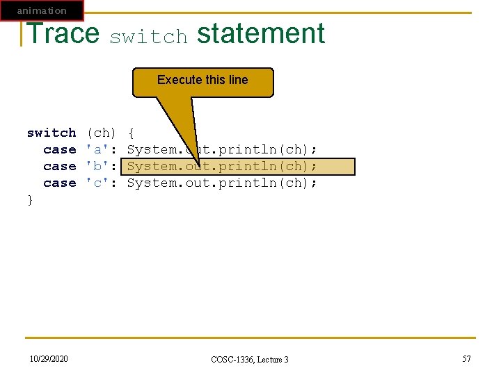 animation Trace switch statement Execute this line switch (ch) { case 'a': System. out. animation Trace switch statement Execute this line switch (ch) { case 'a': System. out.