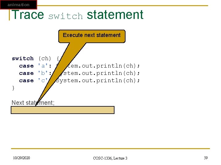 animation Trace switch statement Execute next statement switch (ch) { case 'a': System. out. animation Trace switch statement Execute next statement switch (ch) { case 'a': System. out.