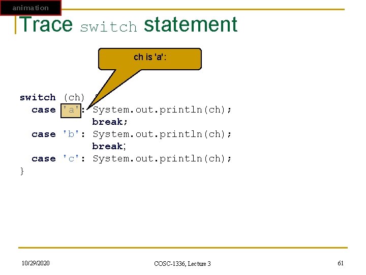 animation Trace switch statement ch is 'a': switch (ch) { case 'a': System. out. animation Trace switch statement ch is 'a': switch (ch) { case 'a': System. out.