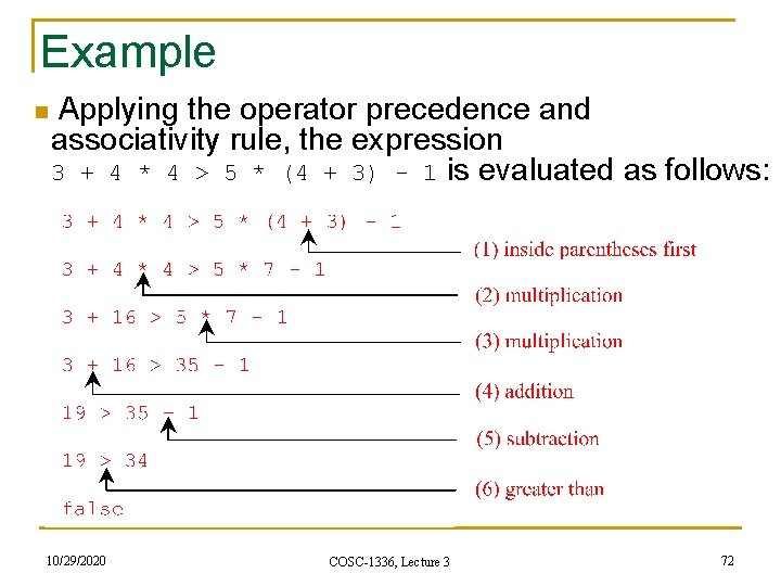 Example n Applying the operator precedence and associativity rule, the expression 3 + 4 Example n Applying the operator precedence and associativity rule, the expression 3 + 4