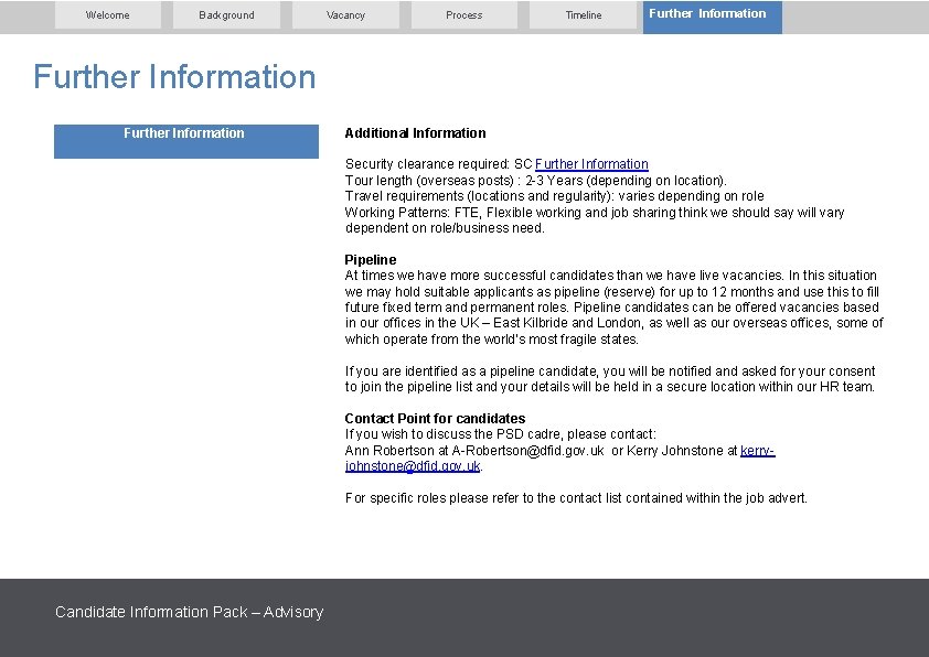 Welcome Background Vacancy Process Timeline Further Information Additional Information Security clearance required: SC Further