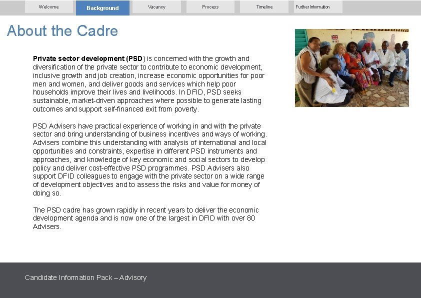 Welcome Background Vacancy Process Timeline About the Cadre Private sector development (PSD) is concerned