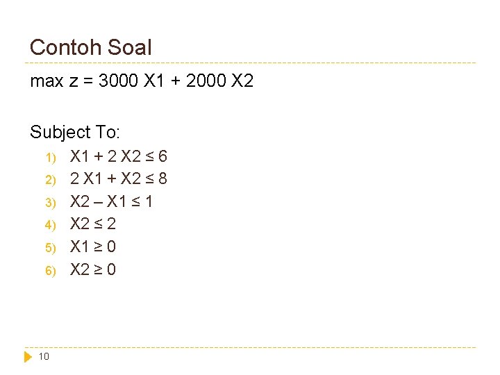 Contoh Soal max z = 3000 X 1 + 2000 X 2 Subject To: