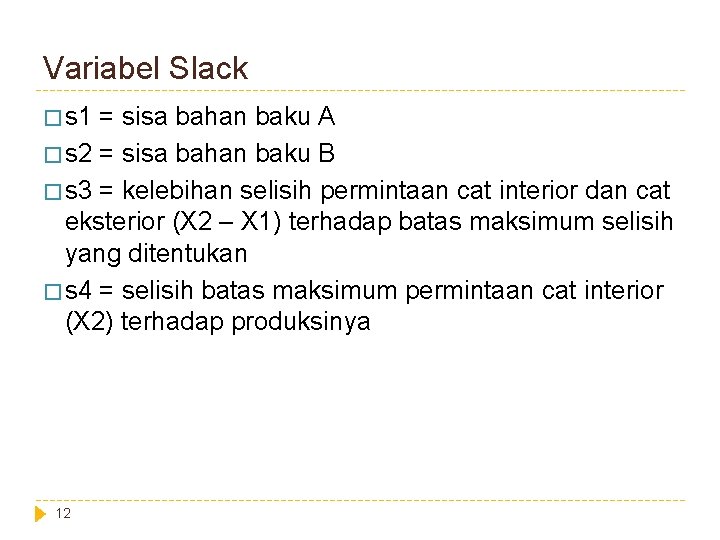 Variabel Slack � s 1 = sisa bahan baku A � s 2 =