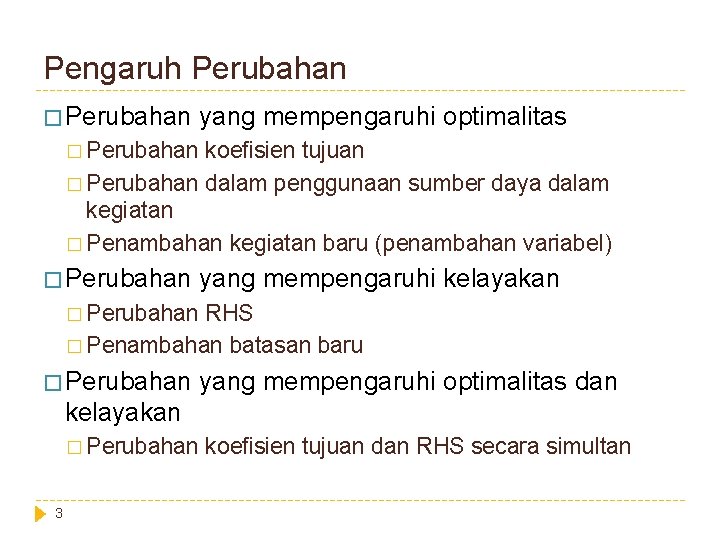 Pengaruh Perubahan � Perubahan yang mempengaruhi optimalitas � Perubahan koefisien tujuan � Perubahan dalam