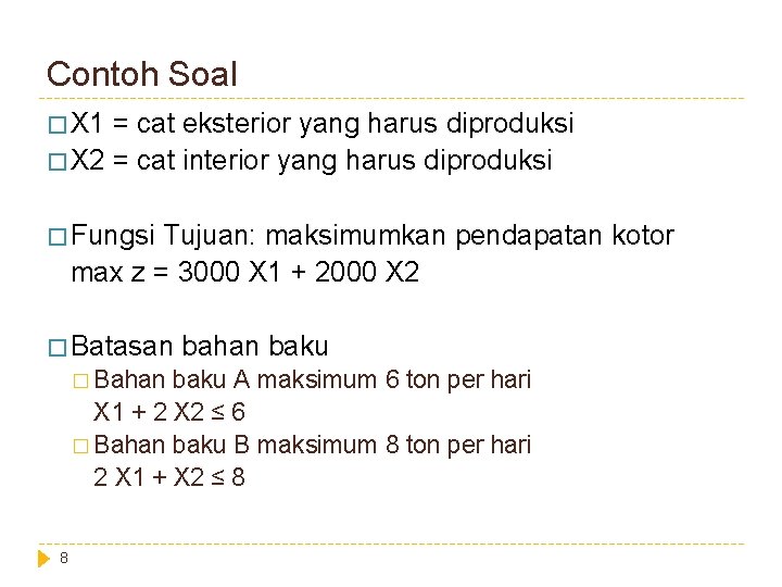 Contoh Soal � X 1 = cat eksterior yang harus diproduksi � X 2