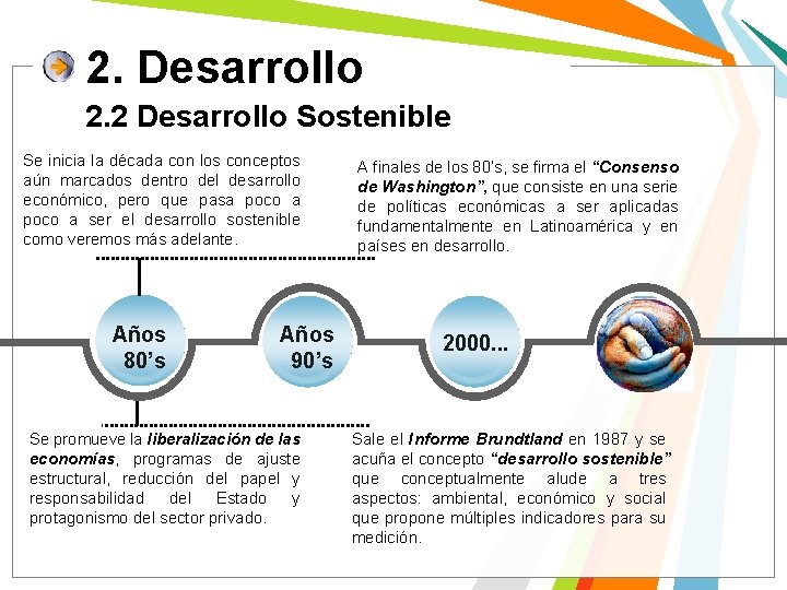 2. Desarrollo 2. 2 Desarrollo Sostenible Se inicia la década con los conceptos aún