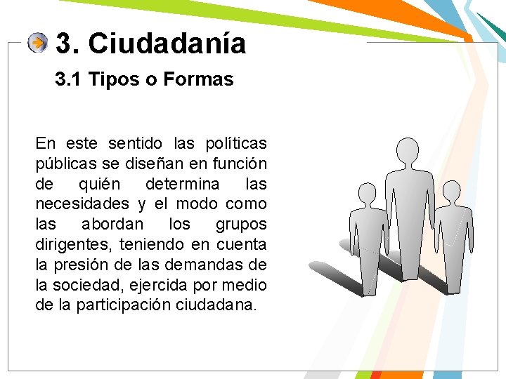 3. Ciudadanía 3. 1 Tipos o Formas En este sentido las políticas públicas se