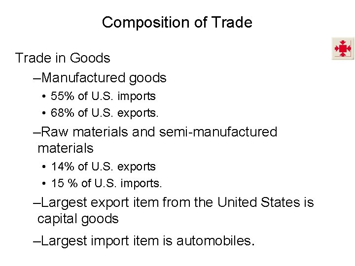 Composition of Trade in Goods –Manufactured goods • 55% of U. S. imports • Composition of Trade in Goods –Manufactured goods • 55% of U. S. imports •