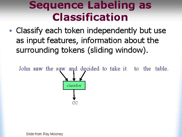 Sequence Labeling as Classification • Classify each token independently but use as input features,