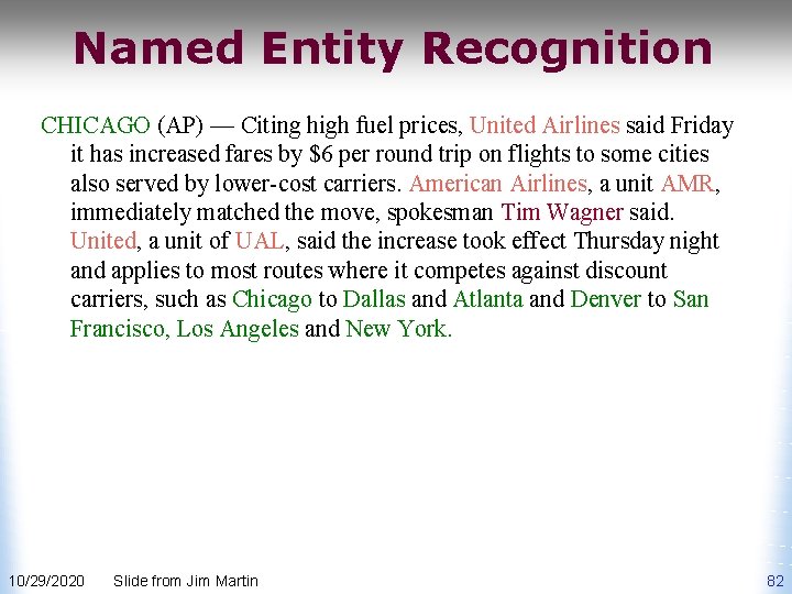 Named Entity Recognition CHICAGO (AP) — Citing high fuel prices, United Airlines said Friday