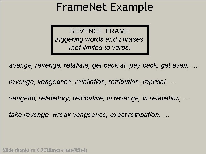 Frame. Net Example REVENGE FRAME triggering words and phrases (not limited to verbs) avenge,
