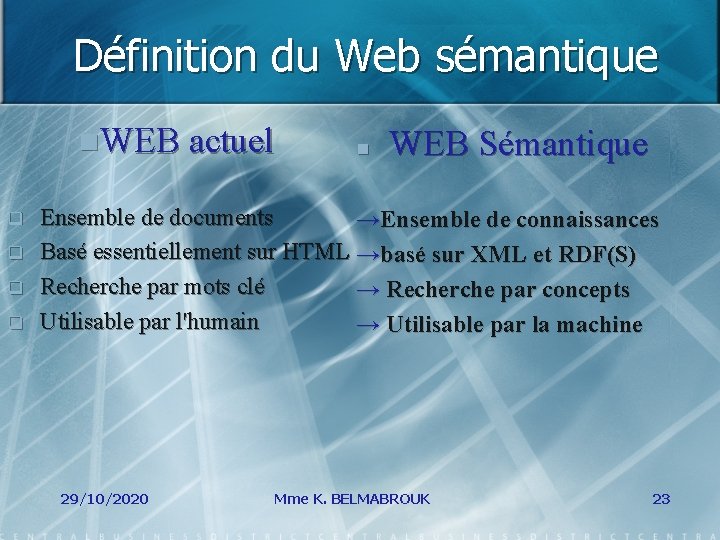 Définition du Web sémantique n. WEB actuel q q n WEB Sémantique Ensemble de