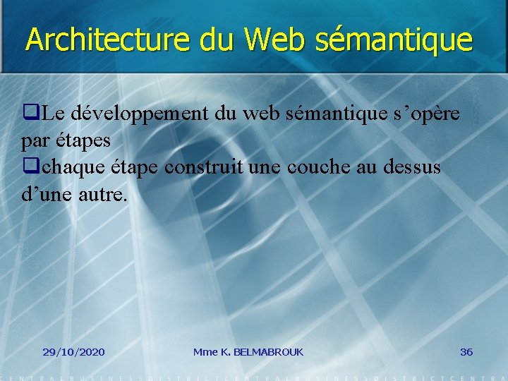 Architecture du Web sémantique q. Le développement du web sémantique s’opère par étapes qchaque
