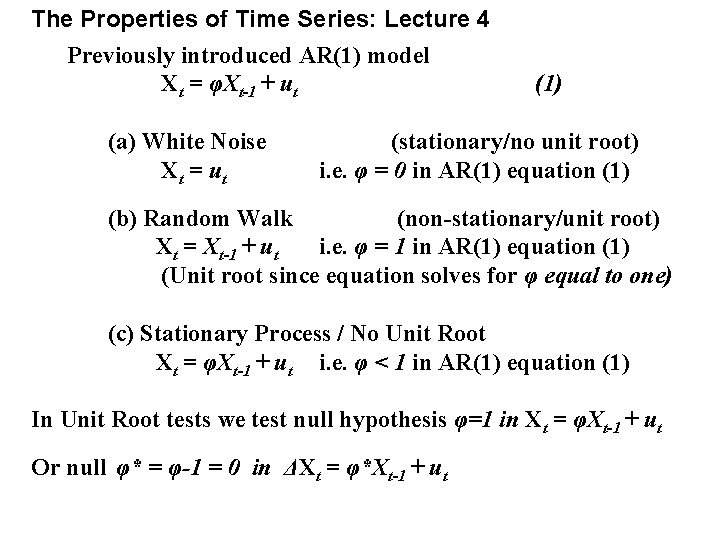 The Properties of Time Series: Lecture 4 Previously introduced AR(1) model Xt = φXt-1 The Properties of Time Series: Lecture 4 Previously introduced AR(1) model Xt = φXt-1