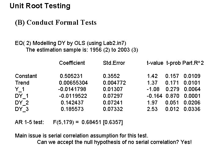 Unit Root Testing (B) Conduct Formal Tests EQ( 2) Modelling DY by OLS (using Unit Root Testing (B) Conduct Formal Tests EQ( 2) Modelling DY by OLS (using