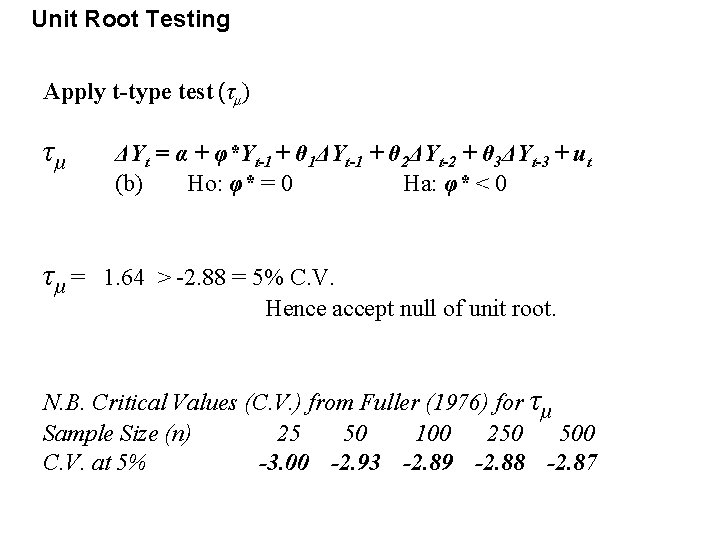 Unit Root Testing Apply t-type test (τμ) τμ τμ = ΔYt = α + Unit Root Testing Apply t-type test (τμ) τμ τμ = ΔYt = α +
