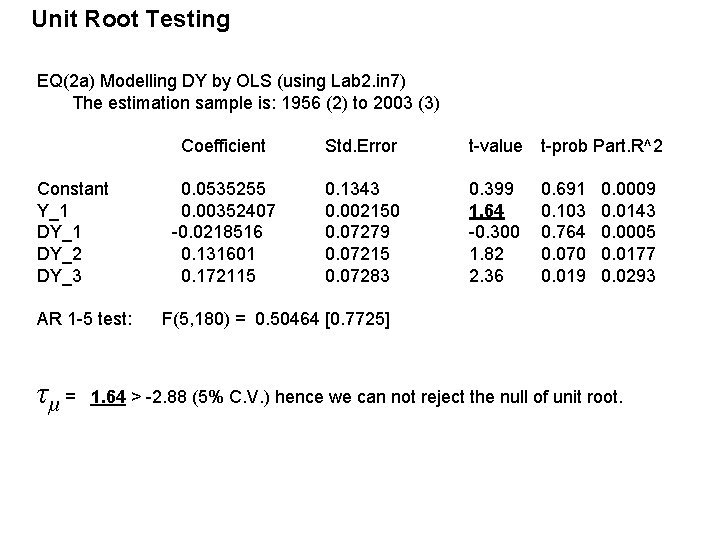 Unit Root Testing EQ(2 a) Modelling DY by OLS (using Lab 2. in 7) Unit Root Testing EQ(2 a) Modelling DY by OLS (using Lab 2. in 7)