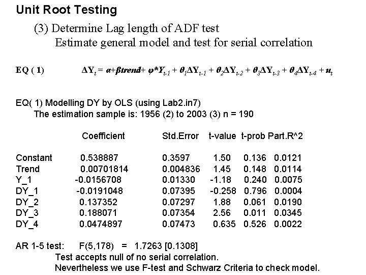 Unit Root Testing (3) Determine Lag length of ADF test Estimate general model and Unit Root Testing (3) Determine Lag length of ADF test Estimate general model and