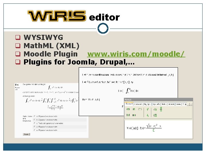 editor q q WYSIWYG Math. ML (XML) Moodle Plugin www. wiris. com/moodle/ Plugins for